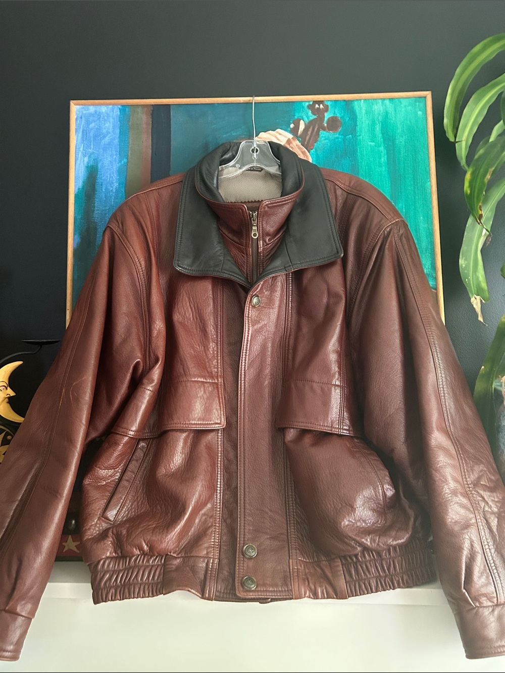 A&S Selections Brown Leather Bomber Jacket Black Collar Men’s Large